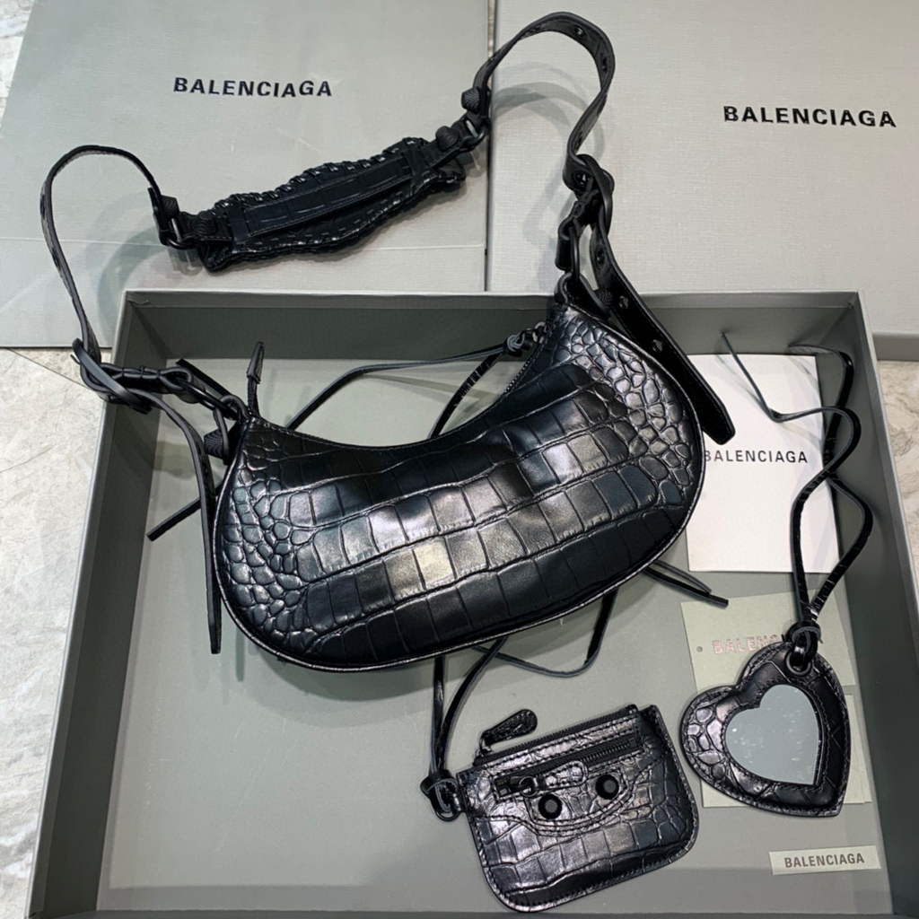 Balenciaga 700940210 Frauen Neo Cagole XS Handtasche in schwarzer Krokodil Lämmerung