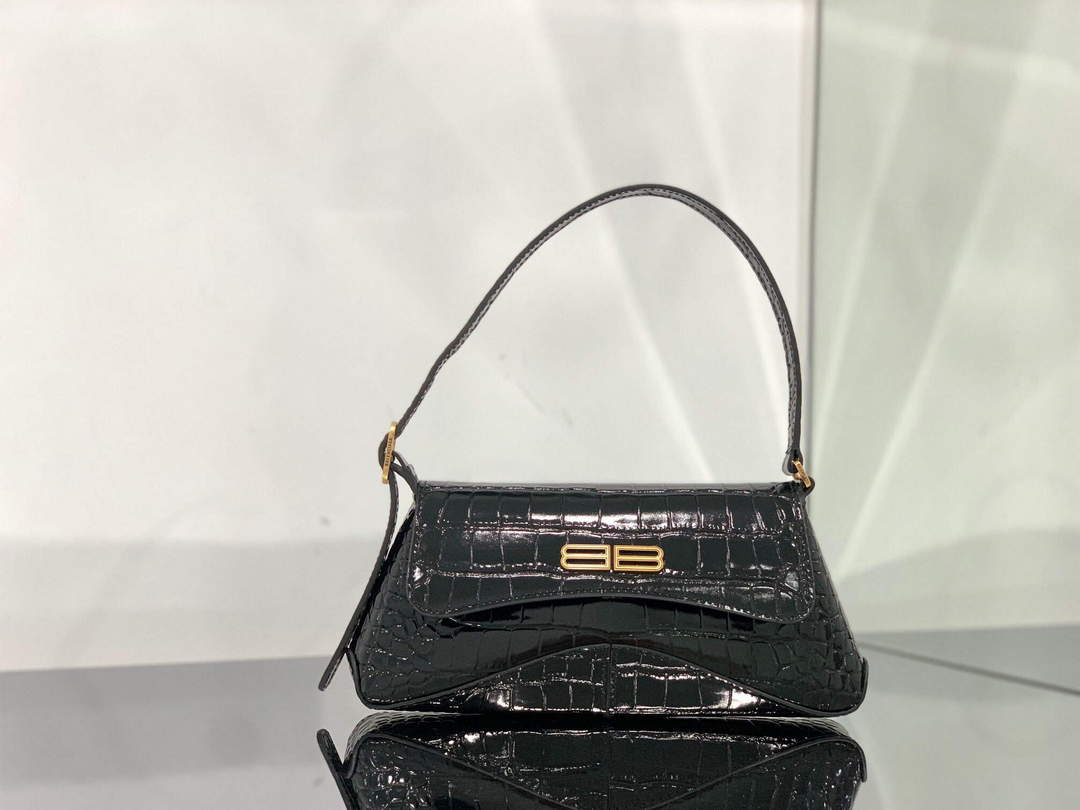 Balenciaga 695645 Frauen xx kleiner Klappbeutel Krokodil in Schwarz geprägt