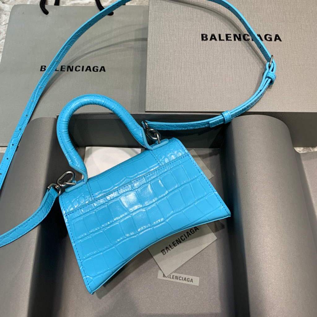 Balenciaga 592833 Sanduhr XS Top Griff Beutel Blau Silber