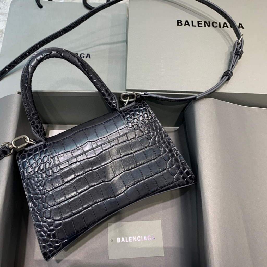 Balenciaga 593546 Sanduhrglas kleiner Top Griff Krokodilbeutel schwarz Silber