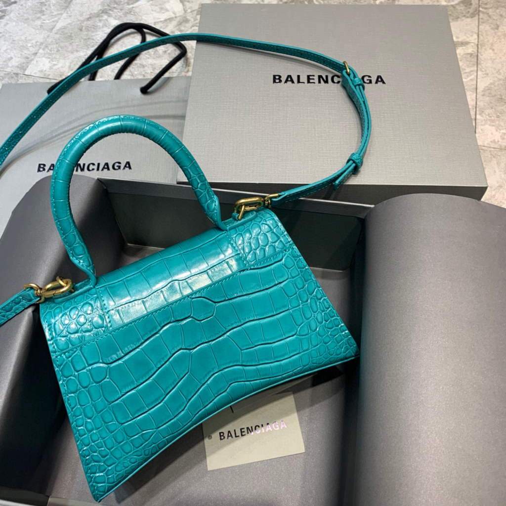 Balenciaga 593546 Sanduhrglas kleiner Top Griff Krokodilbeutel Blau Gold