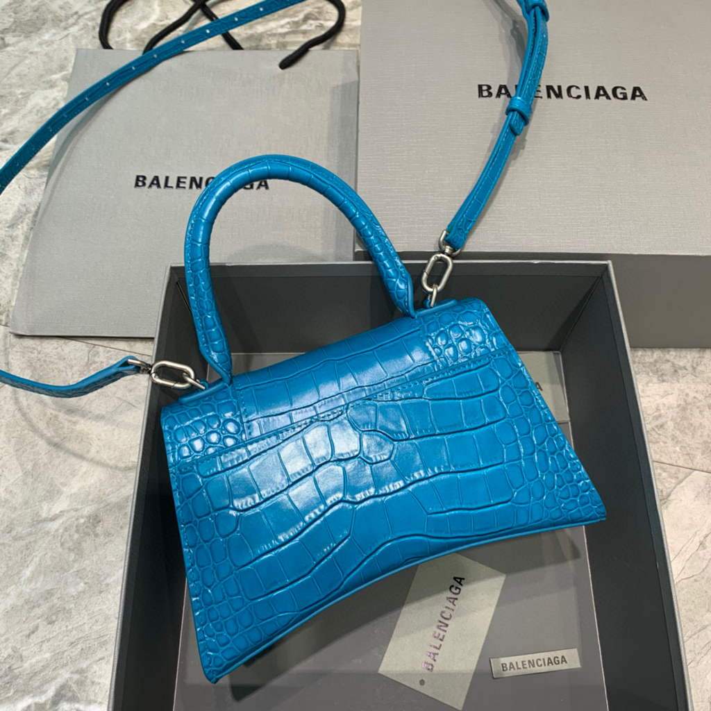 Balenciaga 593546 Sanduhrglas kleiner Top Griff Krokodilbeutel Blau Silber