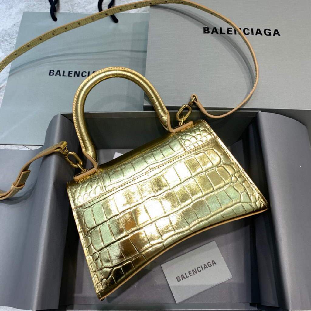 Balenciaga 593546 Sanduhrglas kleiner Top Griff Krokodilbeutel Gold