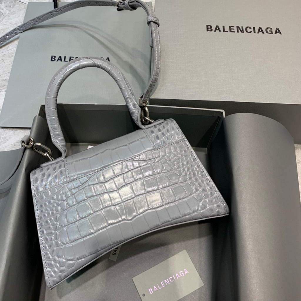 Balenciaga 593546 Sanduhrglas kleiner Top Griff Krokodilbeutel grau Silber