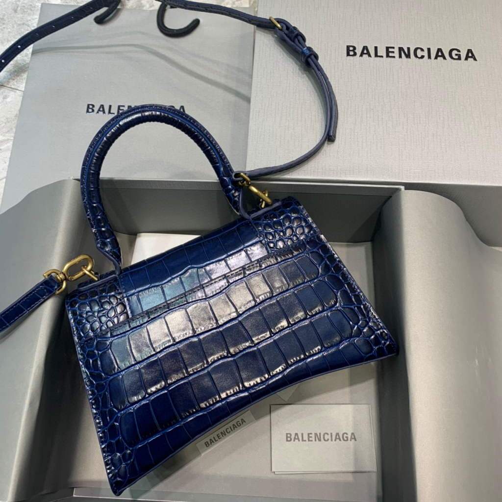 Balenciaga 593546 Sanduhrglas kleiner Top Griff Krokodil Beutel Marine Blau