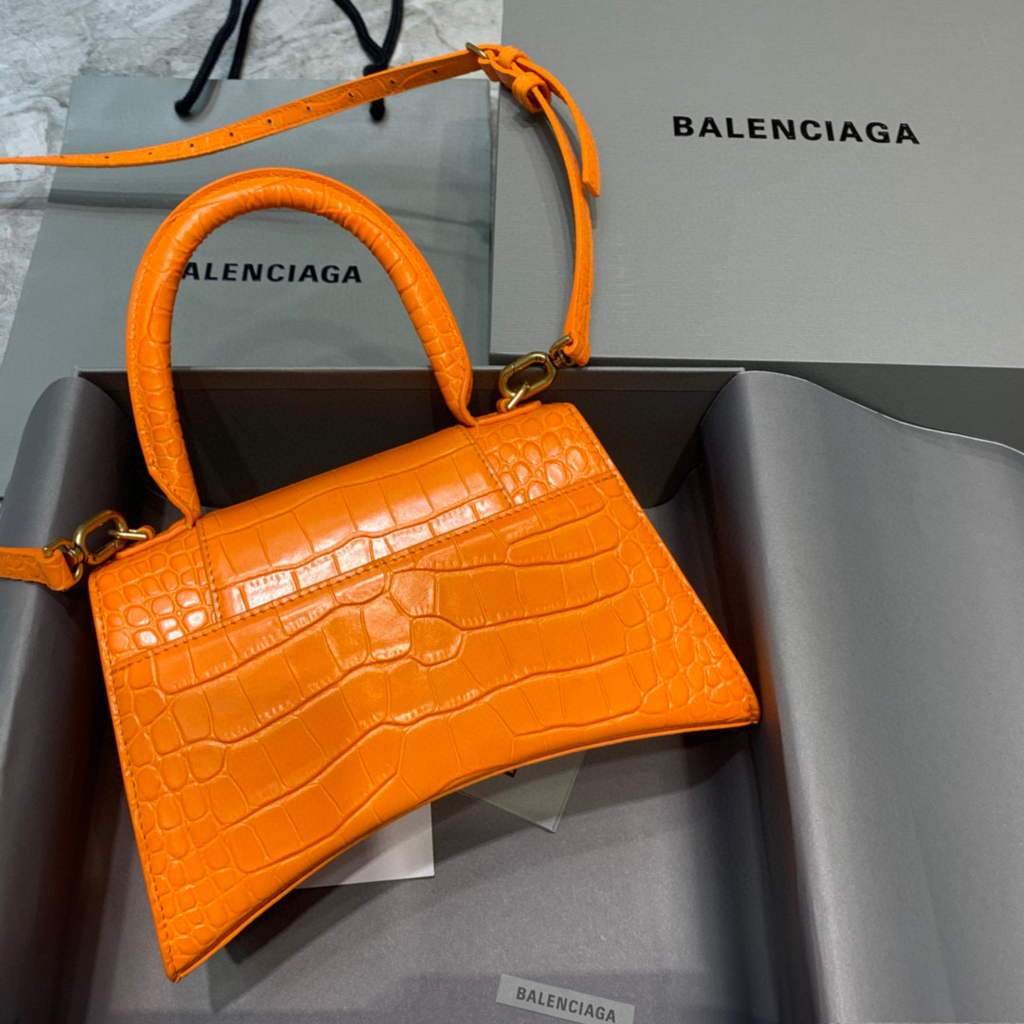 Balenciaga 593546 Sanduhrglas kleiner Top Griff Krokodil Beutel Orange Gold