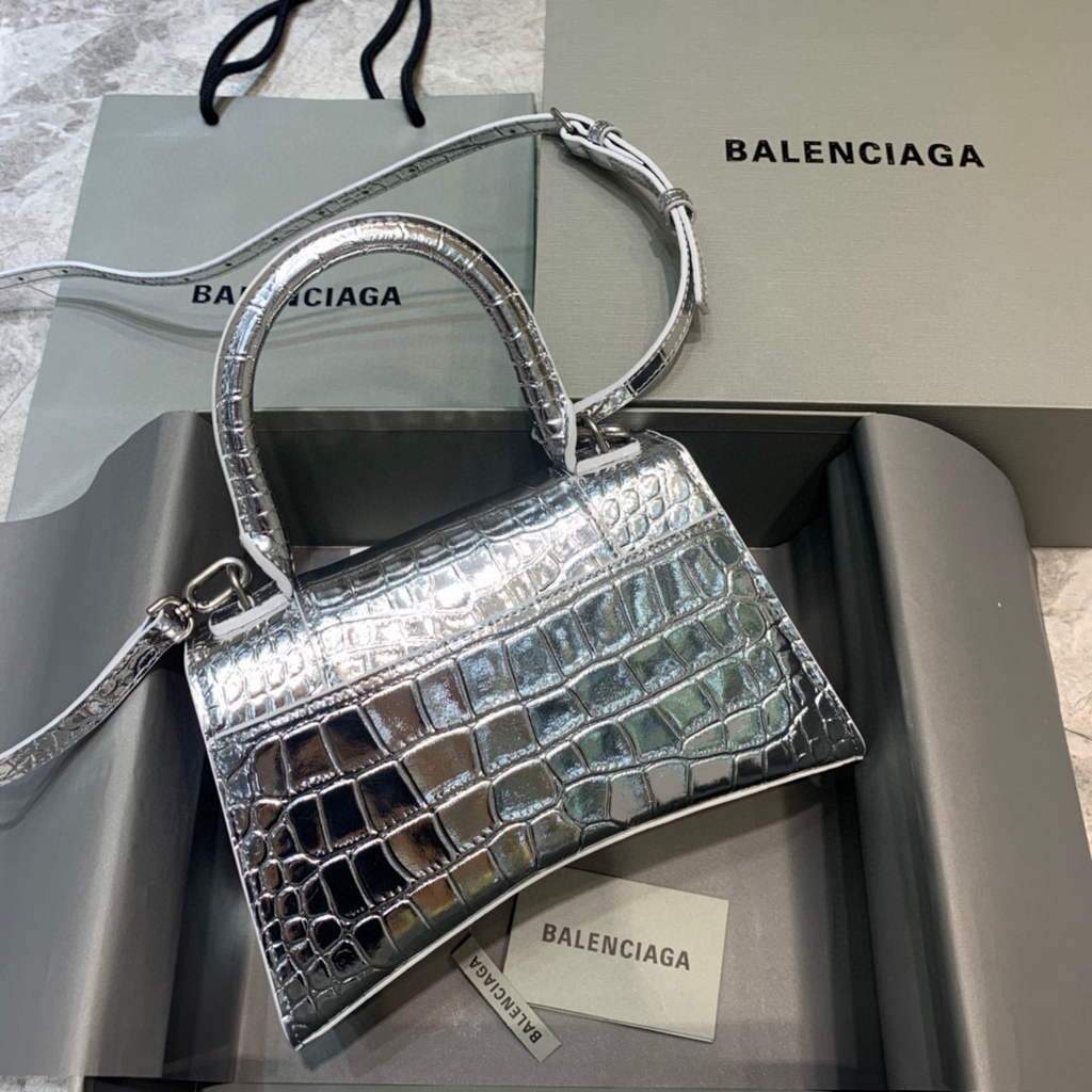 Balenciaga 593546 Sanduhrglas kleiner Top Griff Krokodilbeutel Silber