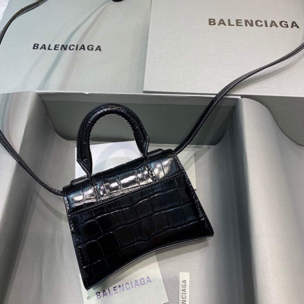 Balenciaga 664676 Sandglas Mini Top Griff Krokodil Beutel Schwarz