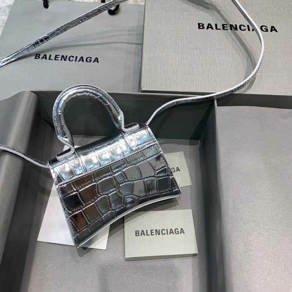 Balenciaga 664676 Sandglas Mini Top Griff Krokodiltasche Silber