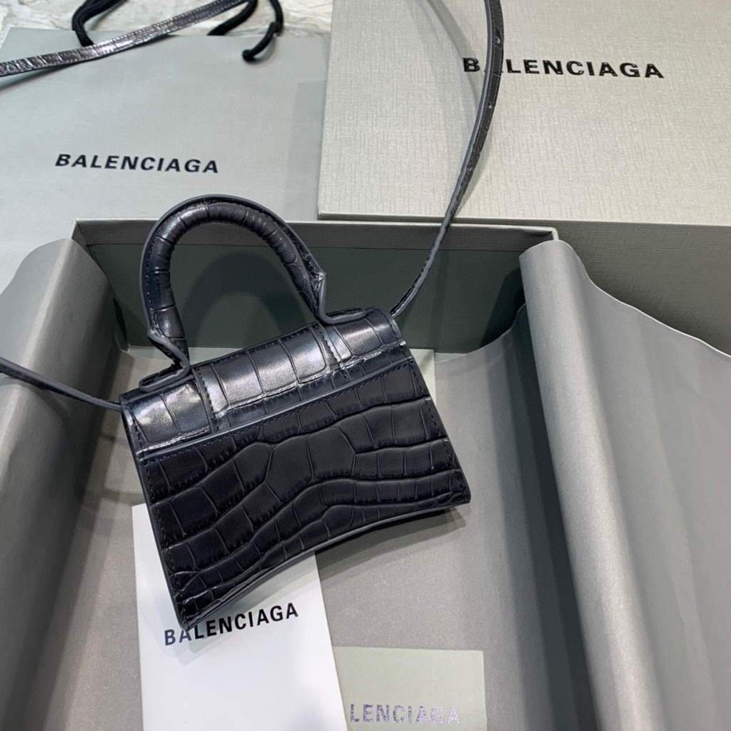 Balenciaga 664676 Hourglass Mini Top Griff Krokodil Handtasche Schwarz