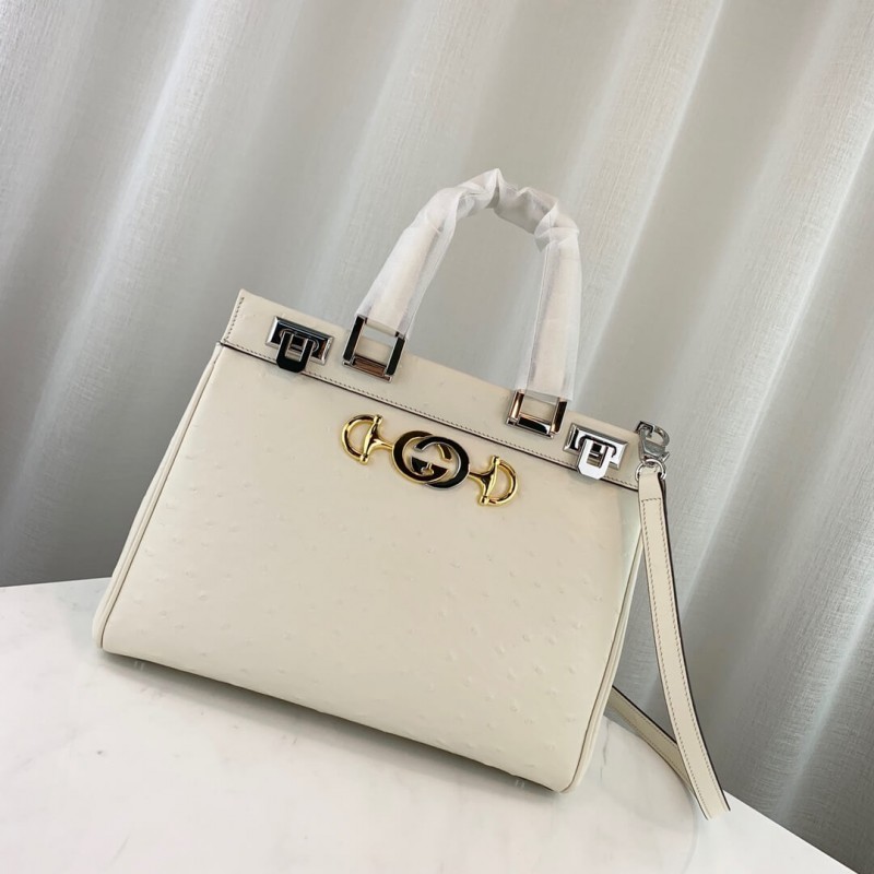 Gucci Zumi Strauß Leder mittelgroßer Grifftasche 569712 Weiß