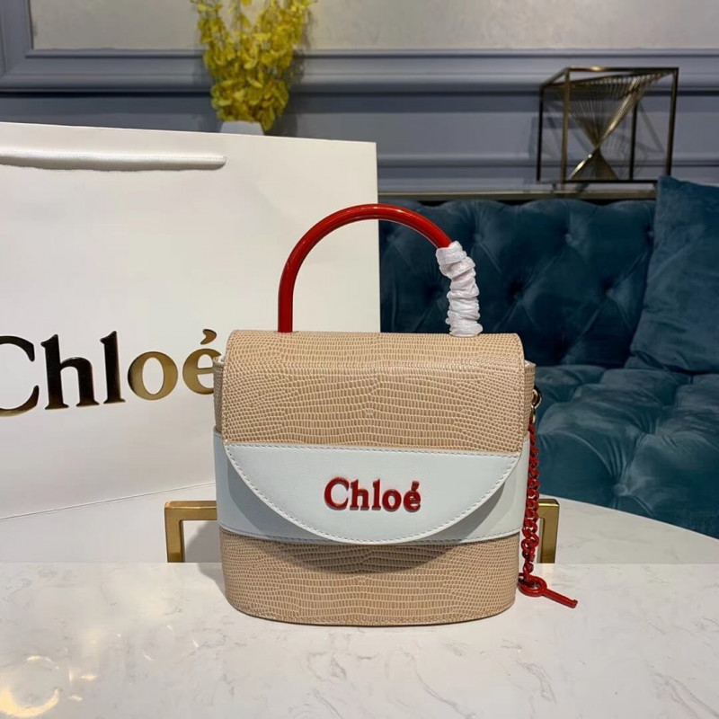 Chloe Small Aby Lock Chain Beutel geprägter Echsenseffekt S1220 Aprikose/Weiß