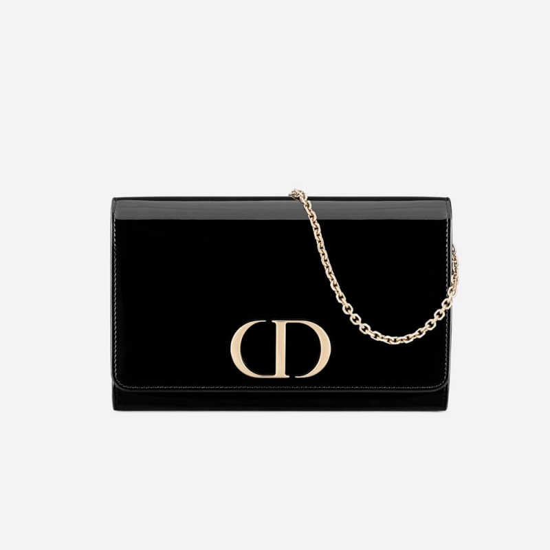 Christian Dior Black 30 Montaigne Patentkalbem Brieftasche auf der Kette S2059