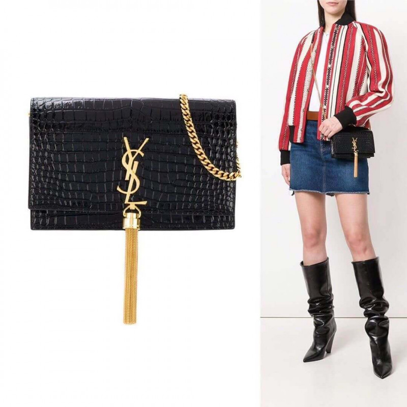 YSL Saint Laurent Kate Chain Wallet mit Quasten in Crocodile geprägtes Leder 452159