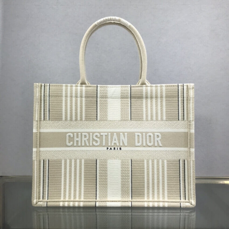 Dior Small Book Tote Beige Stripes Stickerei M1296