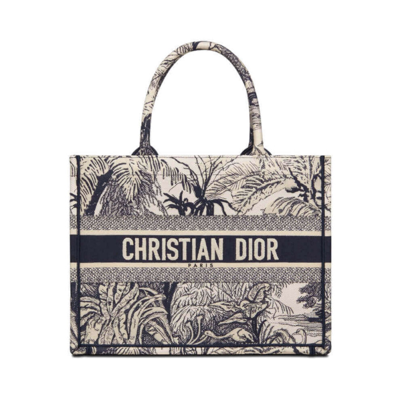 Dior Small Book Tote Blue Toile de Jouy Palms Stickerei M1296