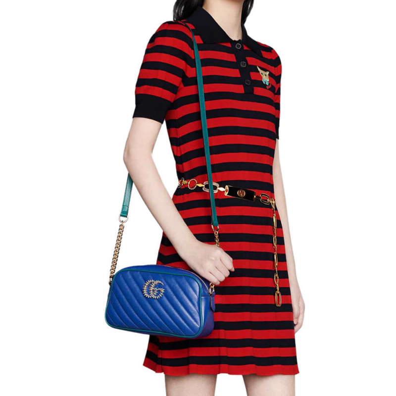 Gucci GG Marmont kleine Umhängetasche 447632 Blaues und Smaragd Leder