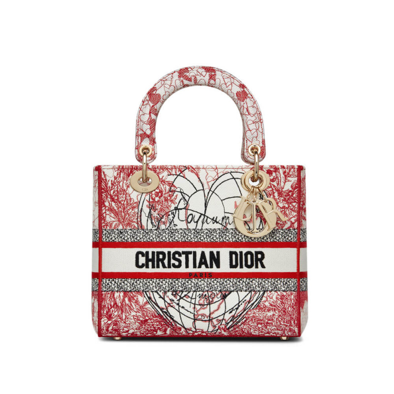 Christian Dior Medium Lady D-Lite-Tasche Rot und Weiß D-Royaume D’Amour Stickerei M0565