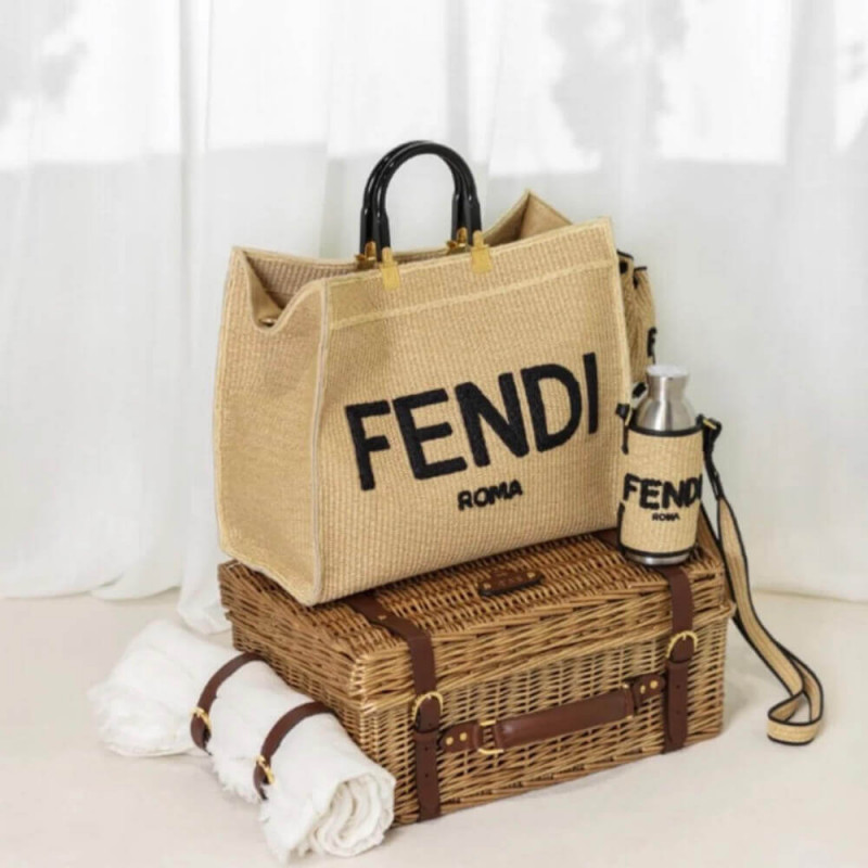 Fendi Sunshine Medium Shopper gewebt Raffia Tote 8bh386 Beige