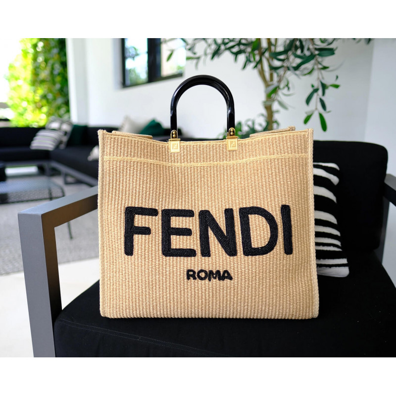 Fendi Sunshine Großer Käufer gewebt Raffia Tote 8bh372 Beige