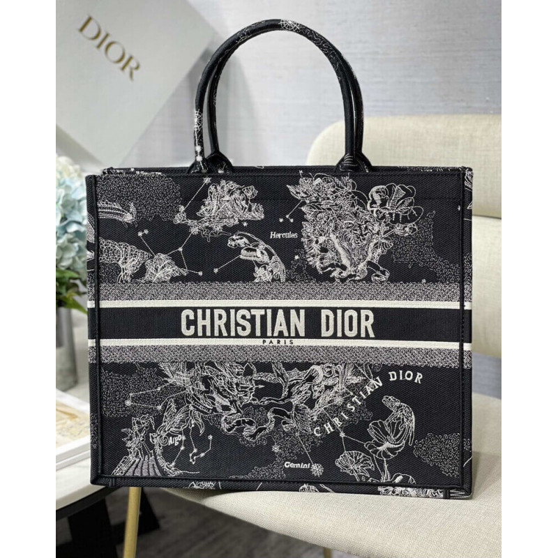 Christian Dior Large Book Tote Black Toile de Jouy Zodiac Stickerei M1286